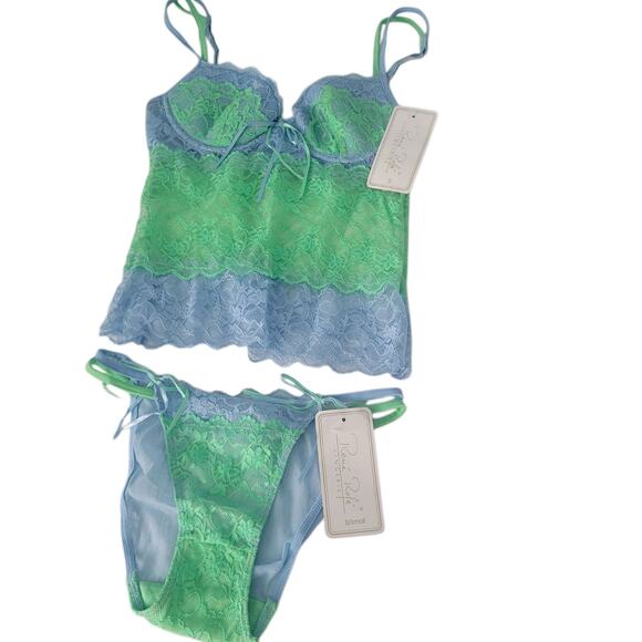 Rene Rofe VINT Y2K Lace Cami Twin Set Pistachio Green Aqua Coquette Fairy SM New - Picture 2 of 10